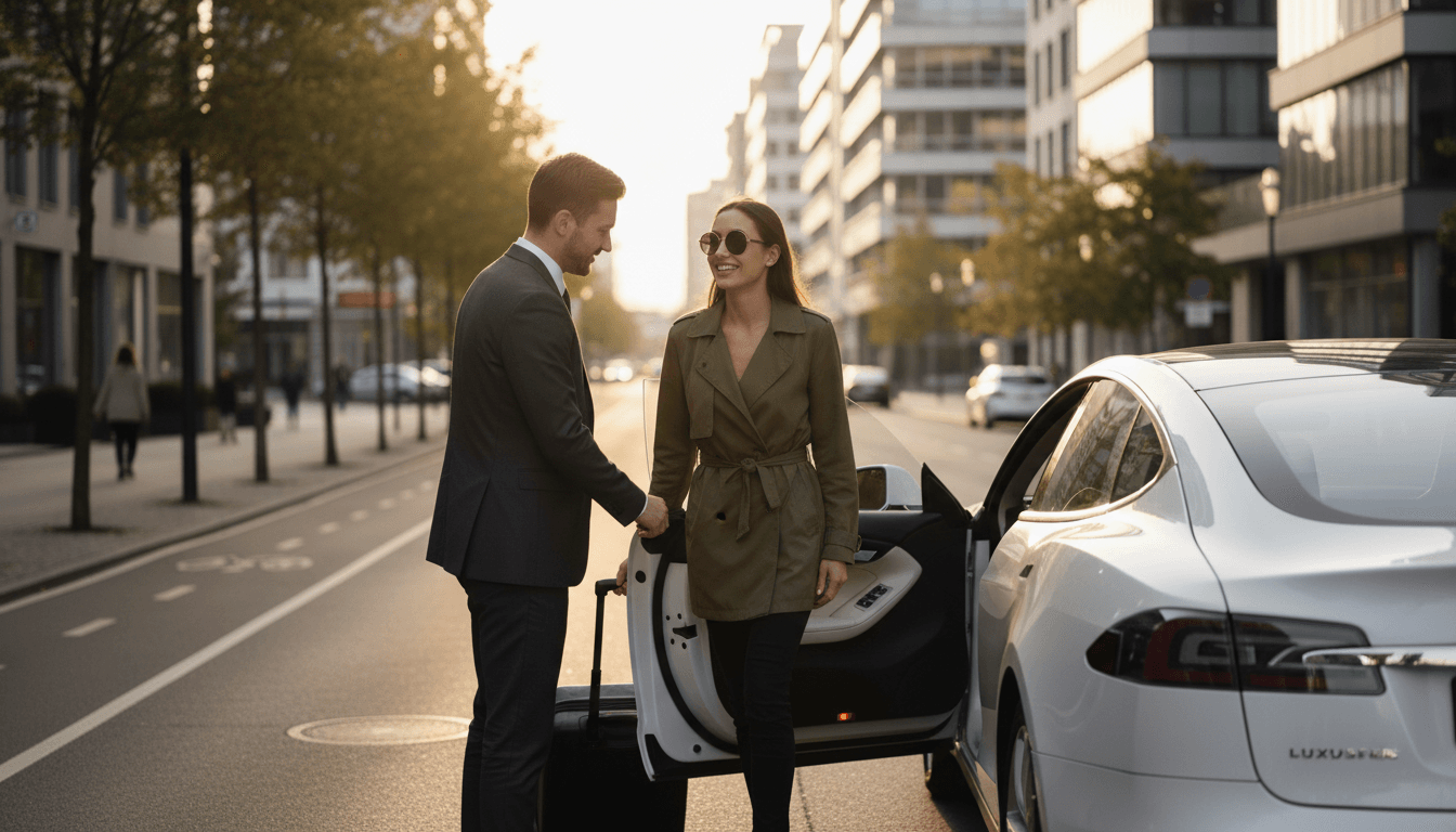 Fahrer öffnet die Tür für einen Fahrgast vor einer Fahrt