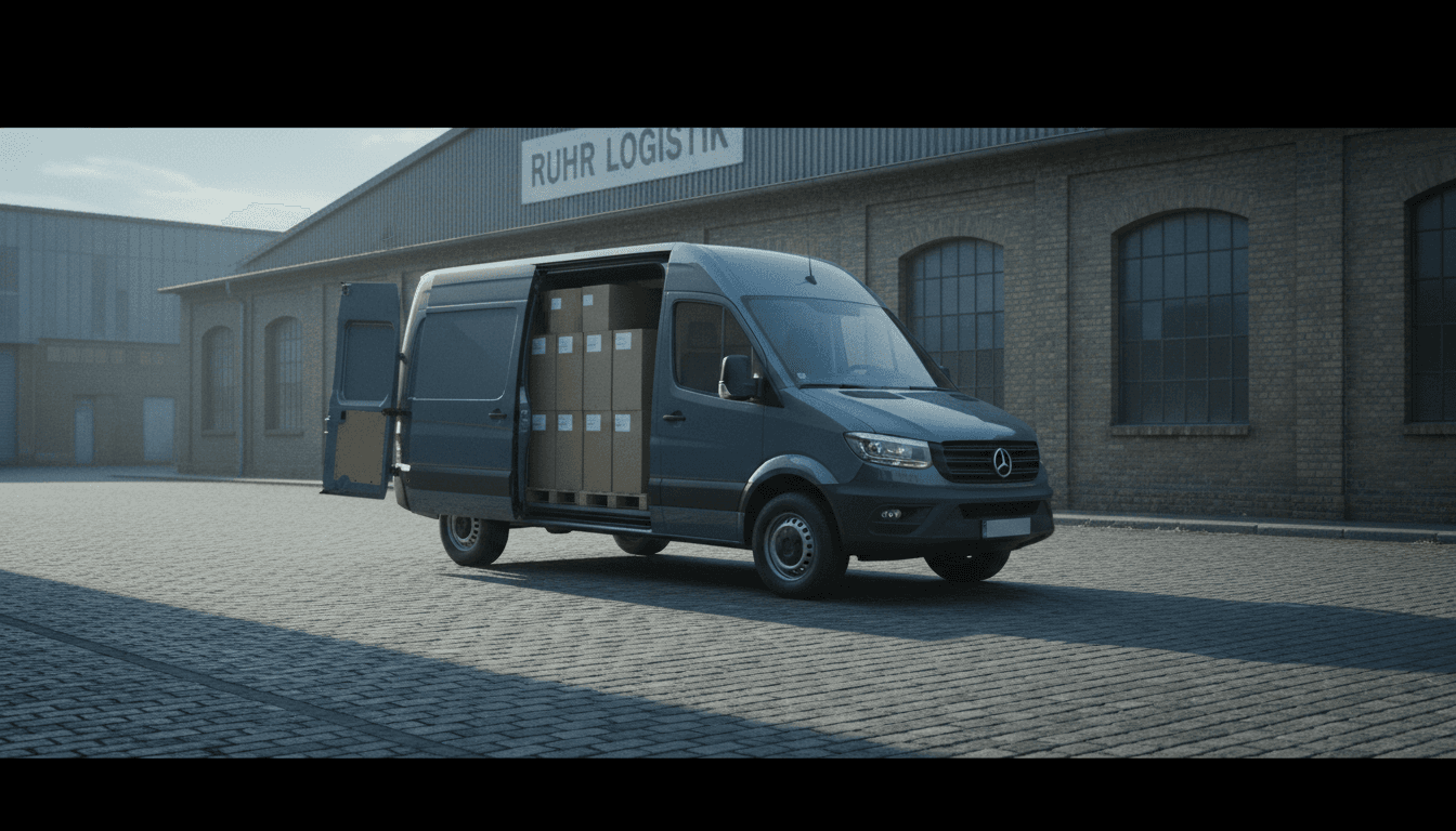 Cargo van with open doors, boxes ready for transport, early morning in a German industrial area.
