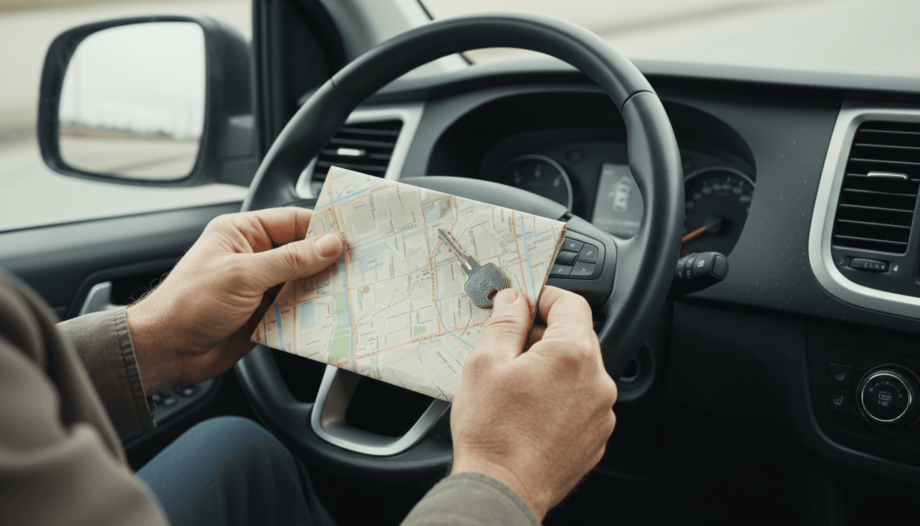 Hände eines Fahrers mit Autoschlüssel und Stadtkarte im Fahrerhaus