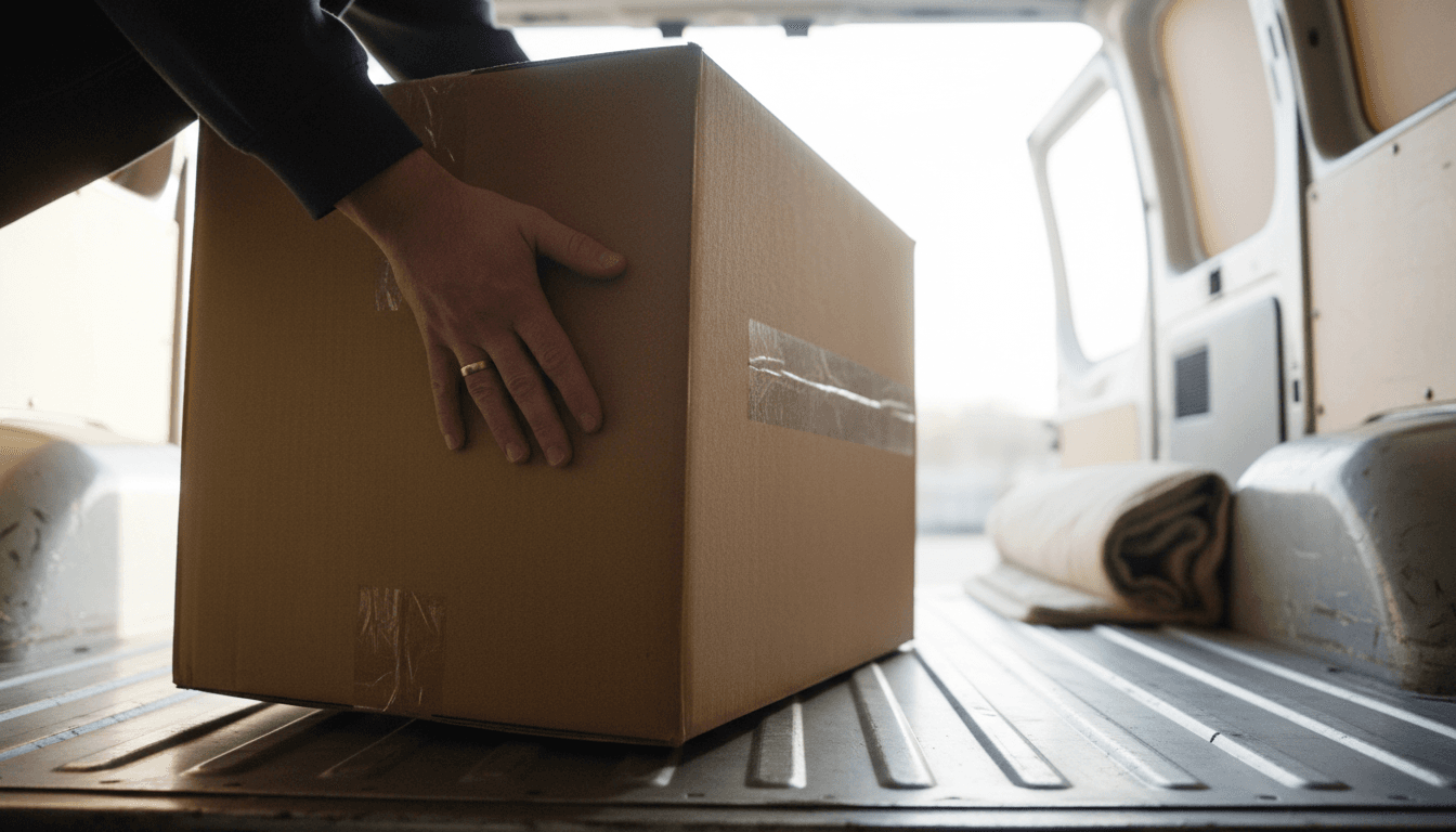 Hände laden eine stabile Kiste in den Laderaum eines Transporters