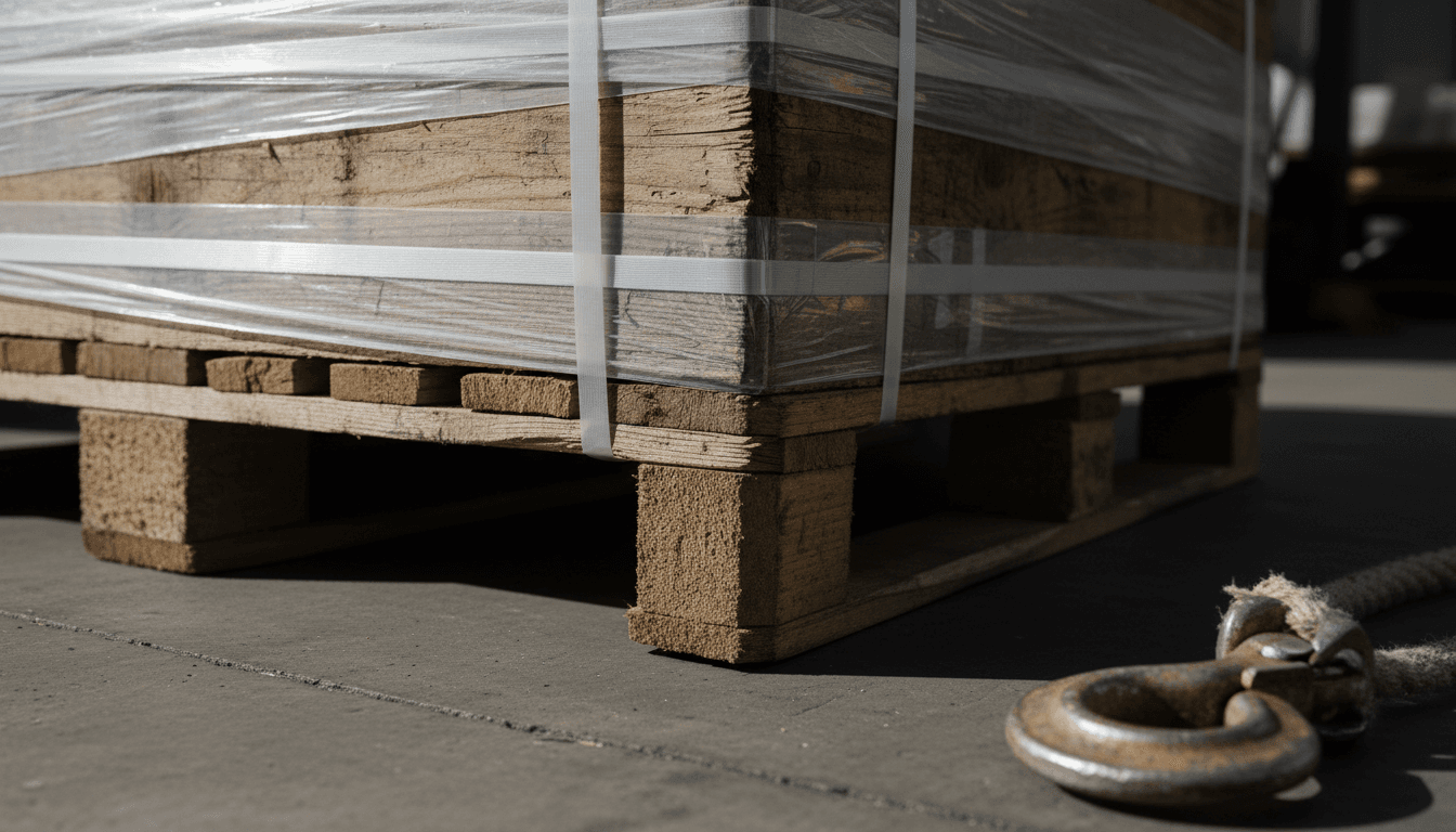 Wooden pallet wrapped in strapping on a loading dock