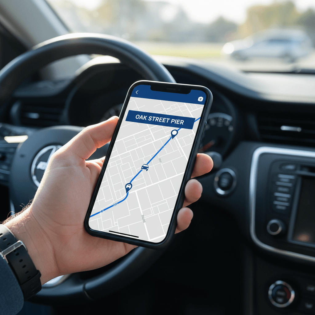 Fahrer zeigt Route auf dem Smartphone