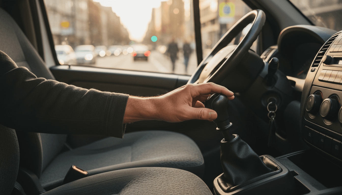 Fahrerhand am Schaltknüppel eines Transporters, bereit zur Fahrt