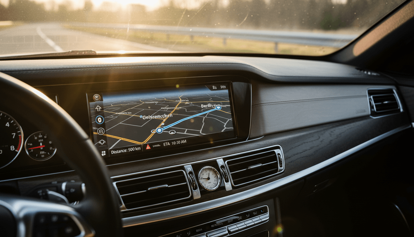Navigationssystem im Auto zeigt Route von Gelsenkirchen nach Berlin