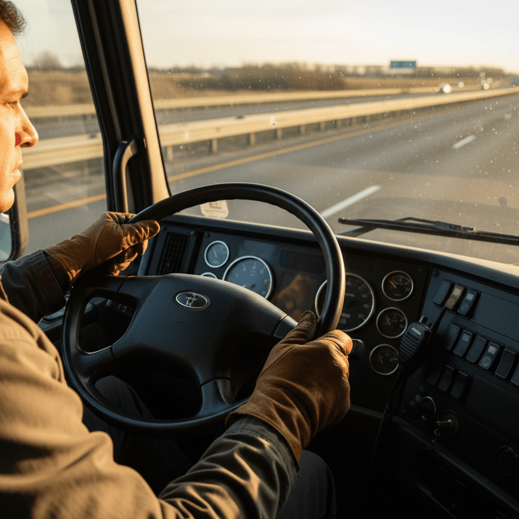 Truck driver's hands on steering wheel inside semi-truck cab with sunlight streaming through windshield during highway driving