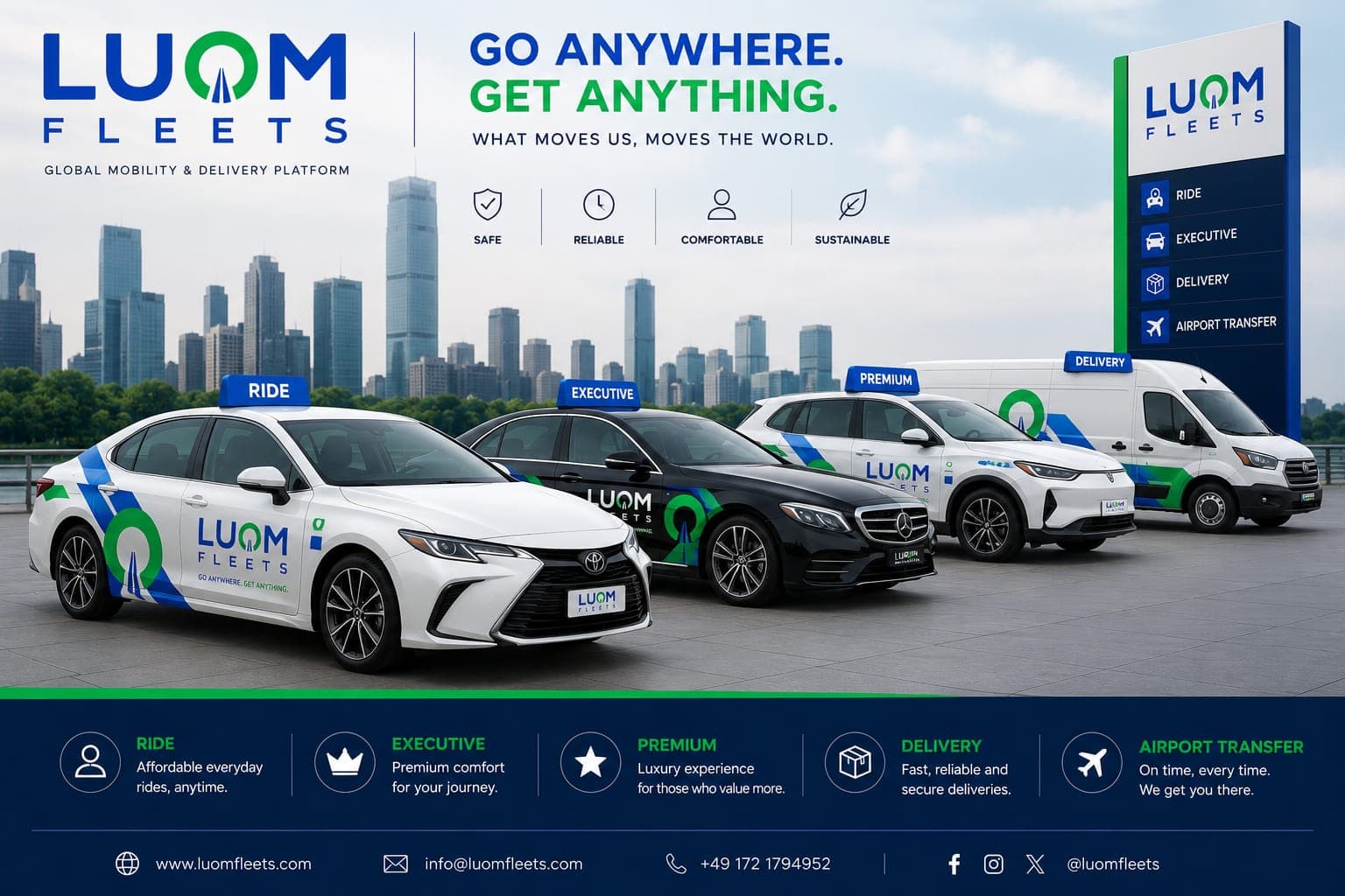 LUQM FLEETS Fahrzeugflotte vor einer Skyline bietet Transport- und Lieferdienste für globale Mobilität.