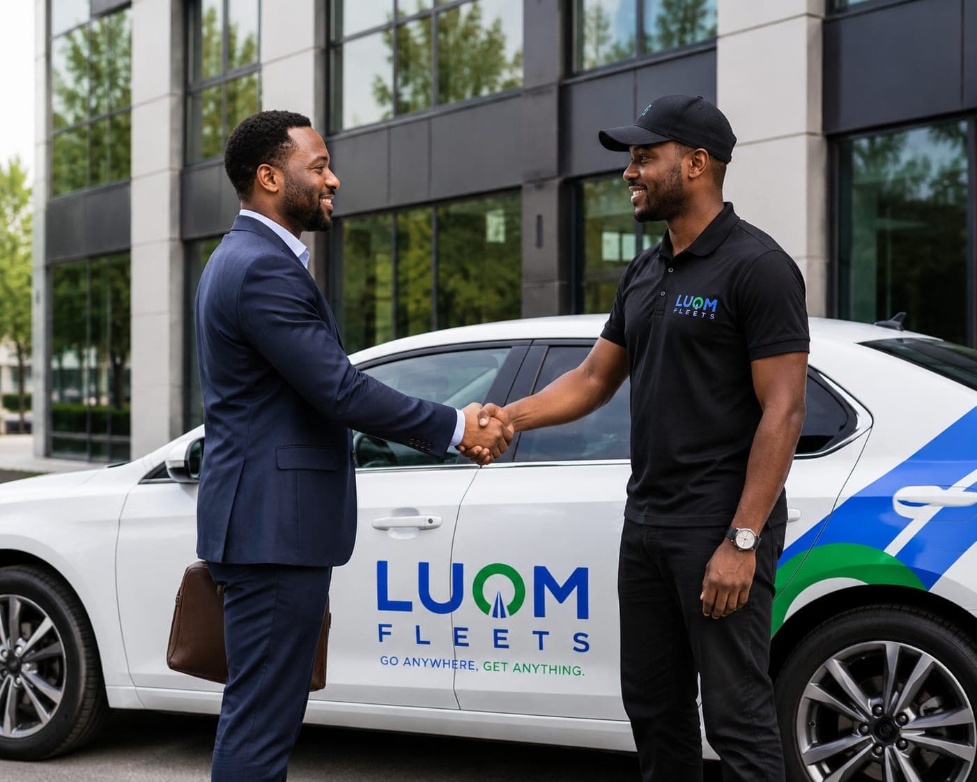 Geschäftsmann und LUQM Fleets Fahrer schütteln sich vor einem weißen Firmenwagen lächelnd die Hände.