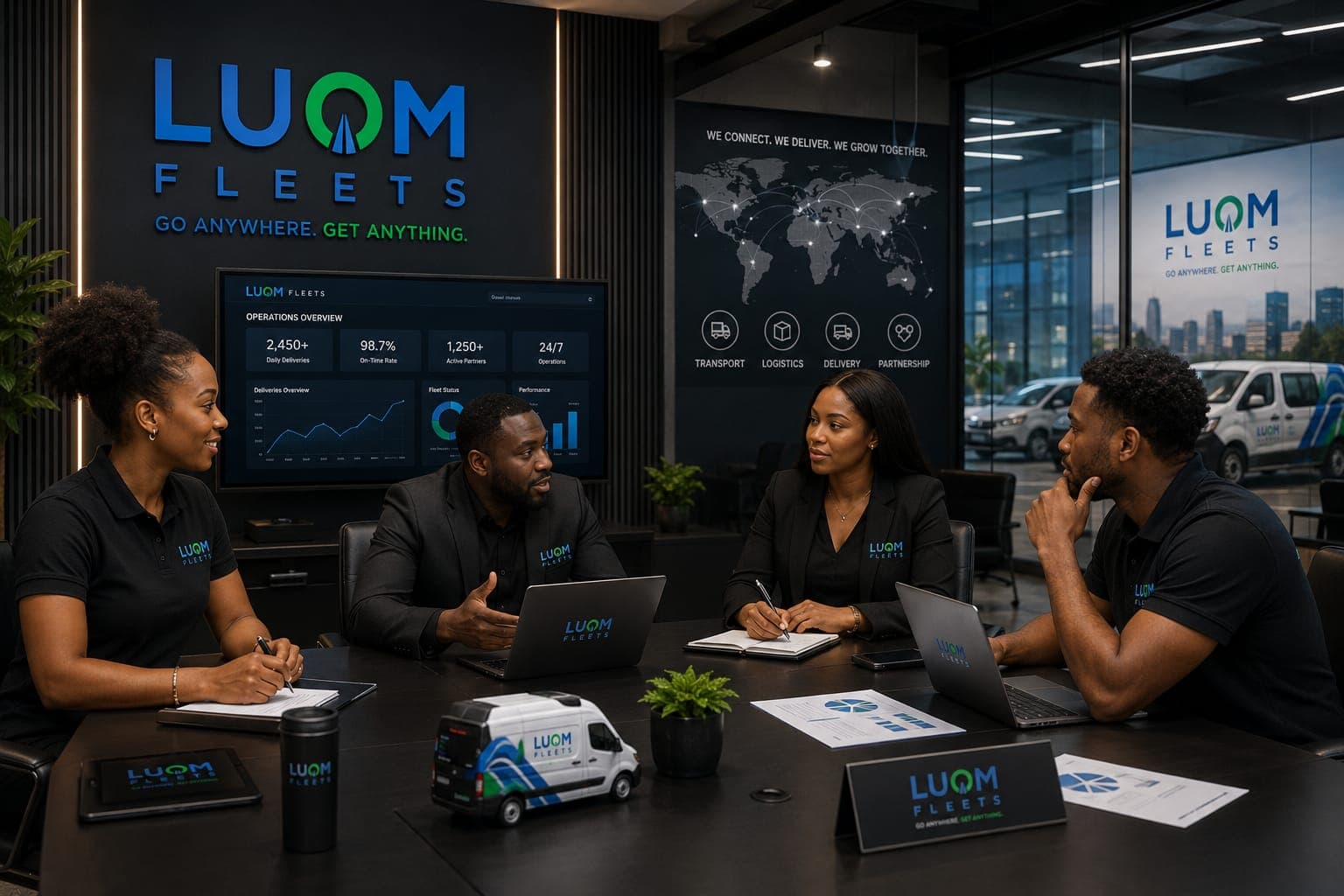 Vier Fachkräfte besprechen Flottenstatistiken an einem Konferenztisch im modernen Büro der Firma LUQM FLEETS.