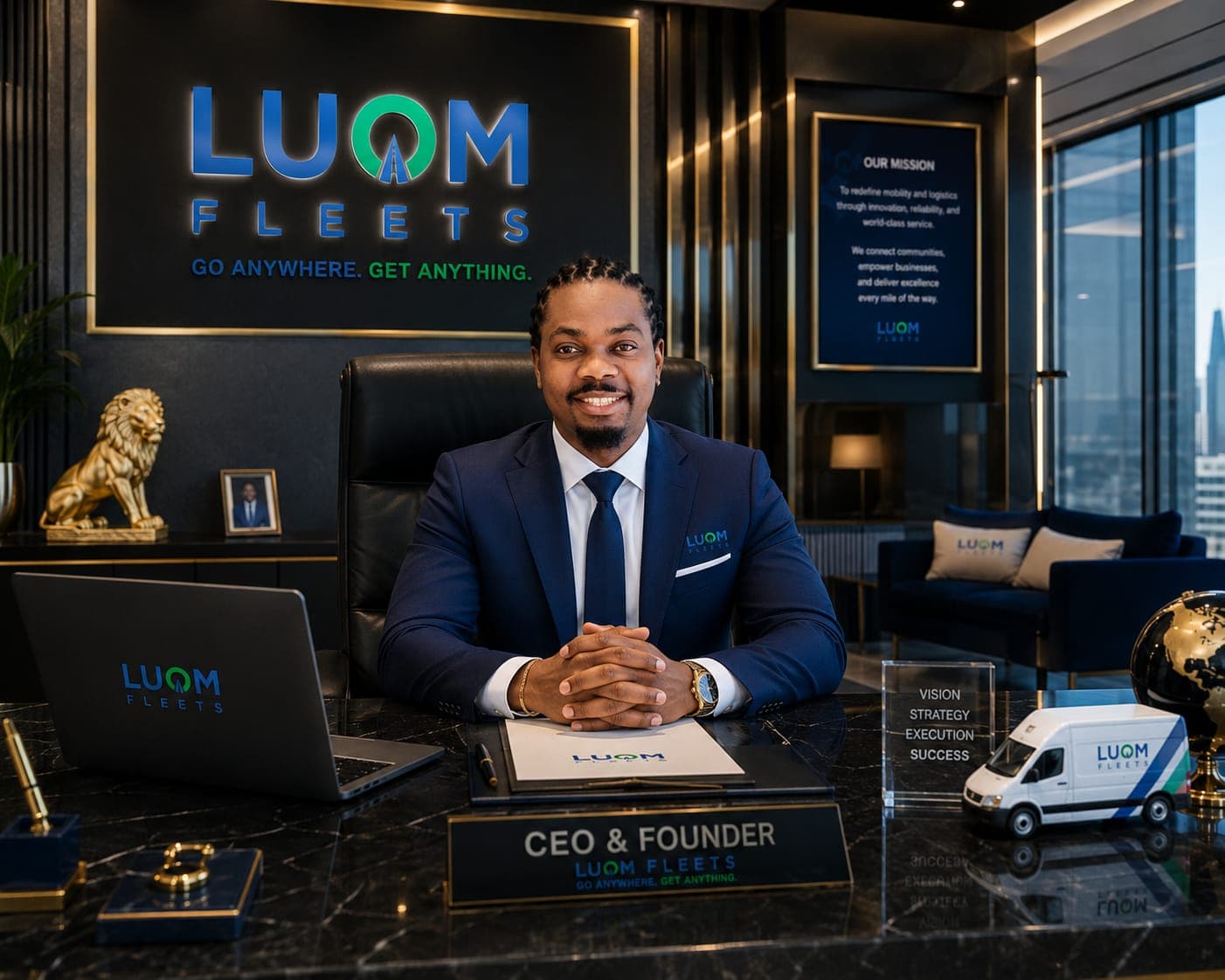 Lächelnder CEO von Luom Fleets im blauen Anzug vor dem Firmenlogo an seinem Schreibtisch.