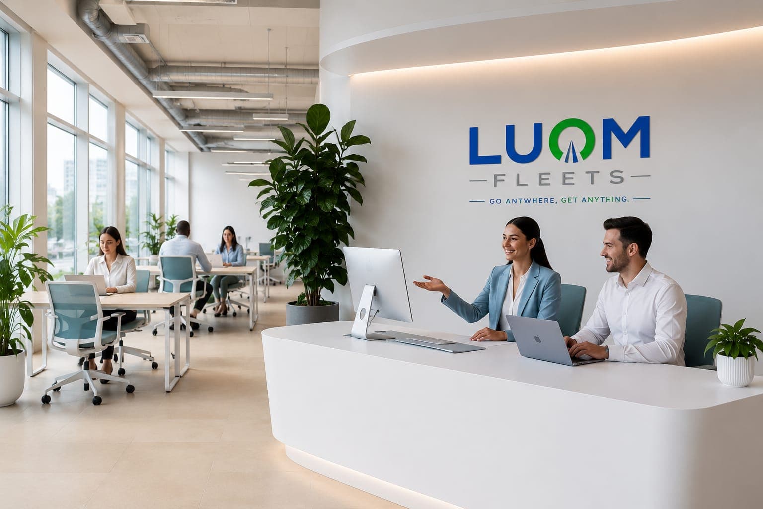 Zwei lächelnde Mitarbeiter am weißen Empfangstresen im modernen, hellen Büro der Firma LUOM FLEETS.