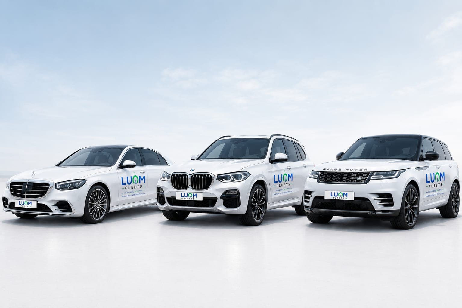 Drei weiße Luxusautos von Mercedes, BMW und Range Rover mit LUOM FLEETS Branding nebeneinander.