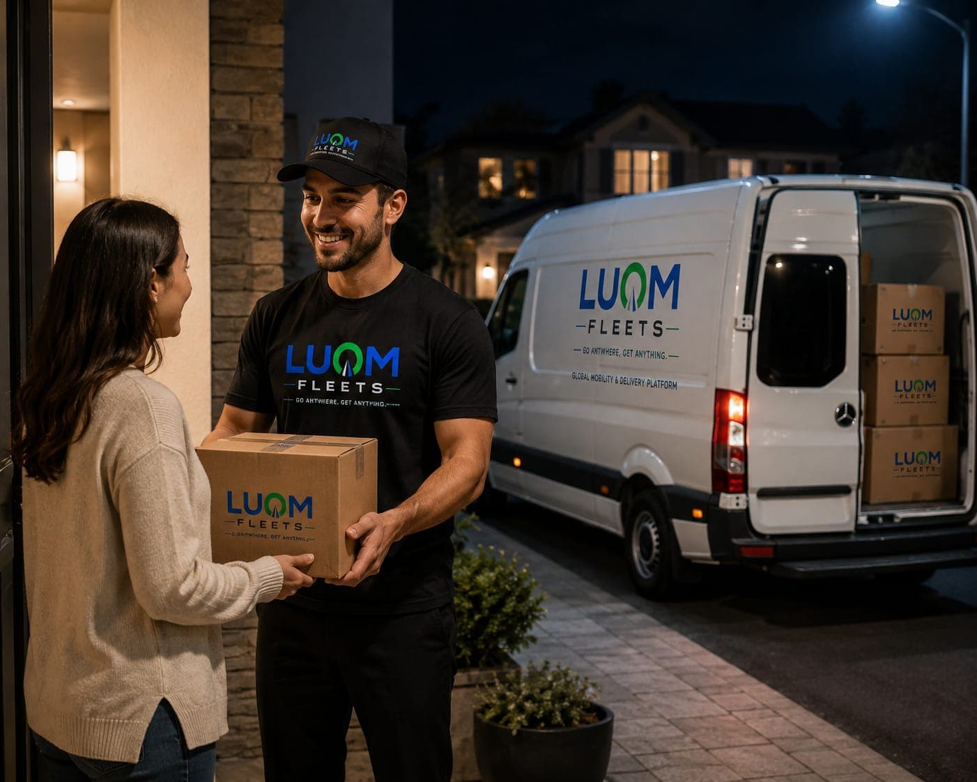 Ein lächelnder Lieferant übergibt nachts ein Paket an eine Frau vor einem weißen Lieferwagen.