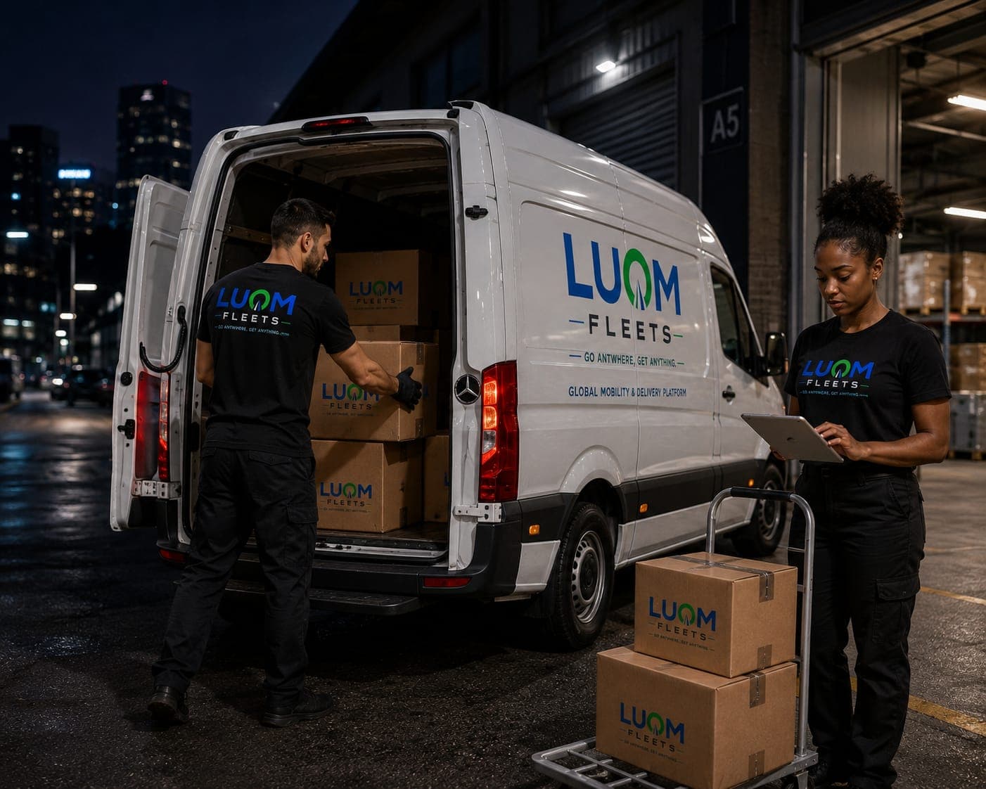 Zwei Lieferanten beladen nachts einen LUOM FLEETS Transporter mit Paketen, eine Frau nutzt ein Tablet.