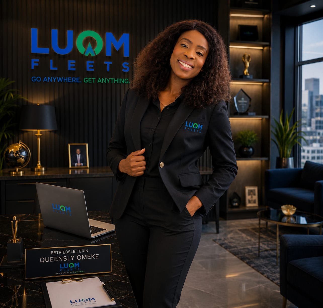 Betriebsleiterin Queensly Omeke lächelt in einem modernen Büro vor dem Logo von LUOM FLEETS.