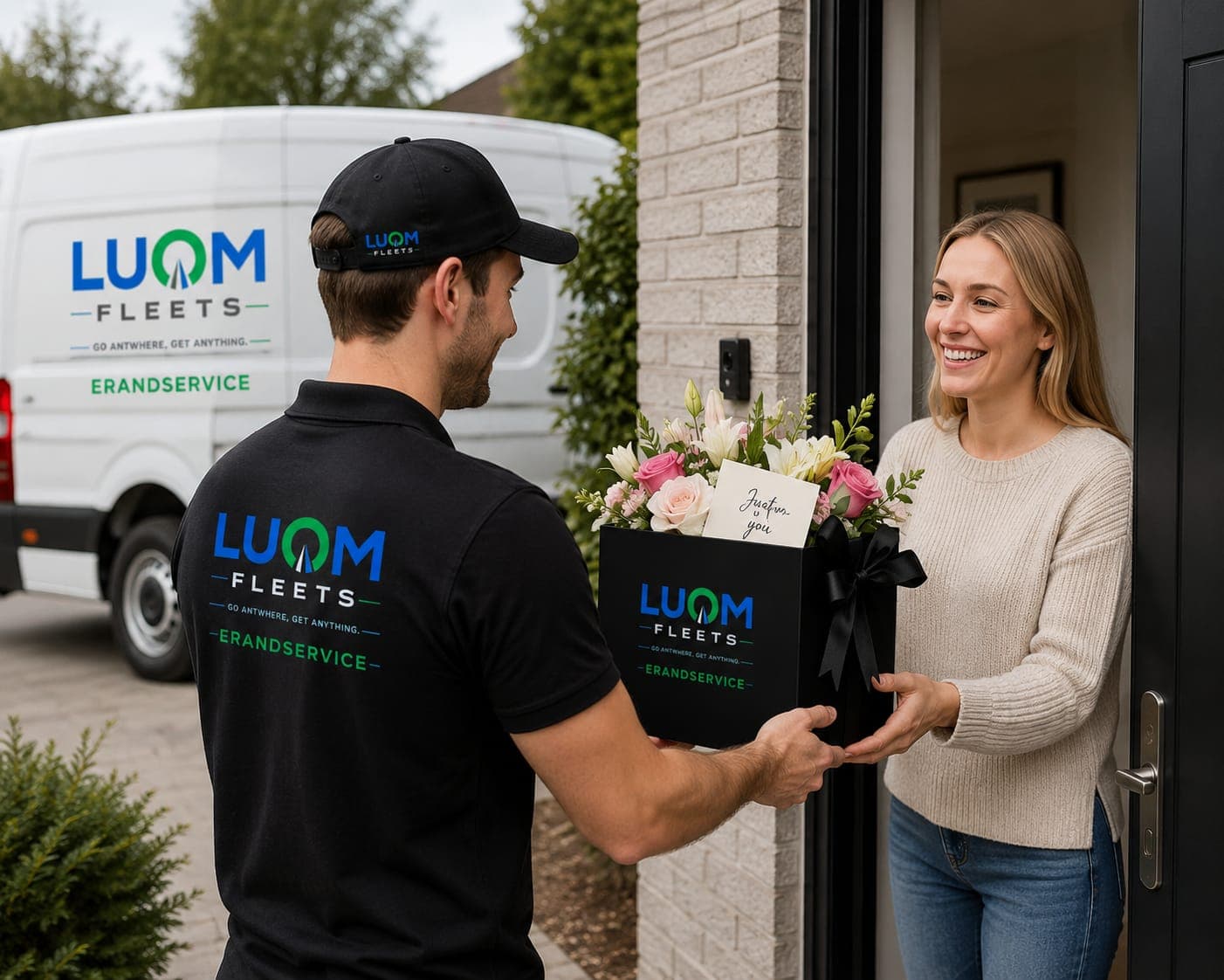 Lieferant übergibt einer lächelnden Frau an der Haustür eine Blumenbox mit Rosen und Lilien.