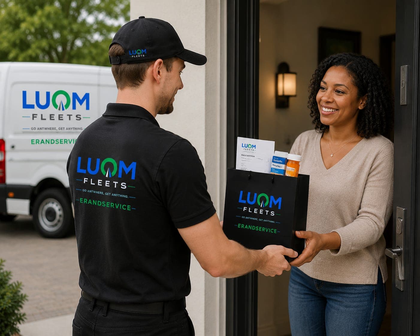 Luom Fleets Lieferant übergibt einer Frau an der Haustür eine Tasche mit Medikamenten.