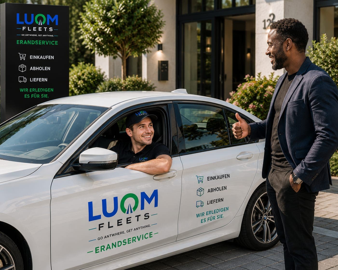 Ein lächelnder Kunde gibt einem Luqm Fleets Fahrer in einem weißen Auto ein Daumen-hoch-Zeichen.