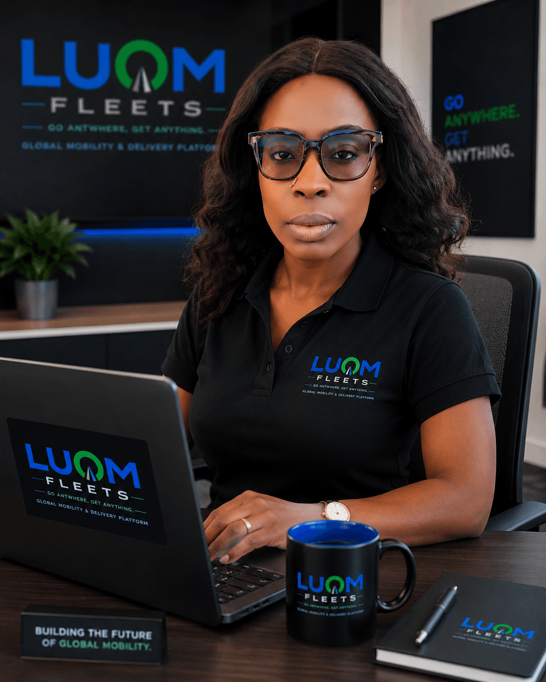 Frau mit Brille am Schreibtisch mit Luom Fleets Laptop, Tasse und Notizbuch im Büro.