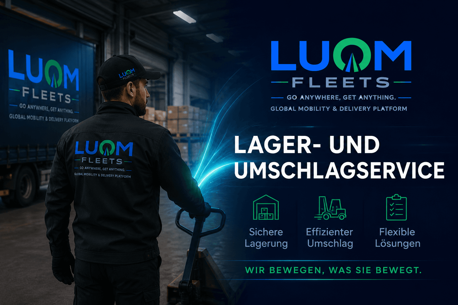 LUOM FLEETS Mitarbeiter im Lagerhaus mit Text zu Lager- und Umschlagservice sowie flexiblen Logistiklösungen.
